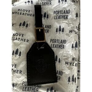 New Portland Leather Goods Luggage Tag Black Leather Brass Hardware NWOT